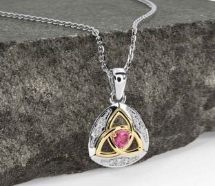 Diamond Pink Tourmaline Gold Silver Celtic Trinity Knot Necklace