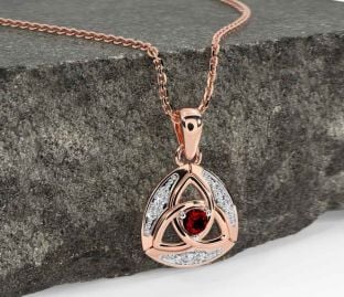 Diamond Garnet Rose Gold Silver Celtic Trinity Knot Necklace