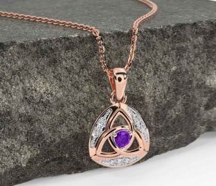 Diamond Amethyst Rose Gold Celtic Trinity Knot Necklace