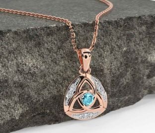 Diamond Aquamarine Rose Gold Celtic Trinity Knot Necklace