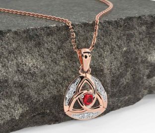 Diamond Ruby Rose Gold Celtic Trinity Knot Necklace