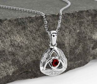Diamond Garnet Silver Celtic Trinity Knot Necklace
