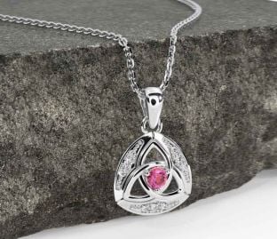 Diamond Pink Tourmaline Silver Celtic Trinity Knot Necklace