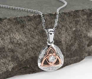 Diamond Rose Gold Silver Celtic Trinity Knot Necklace