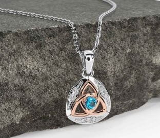 Diamond Topaz Rose Gold Silver Celtic Trinity Knot Necklace