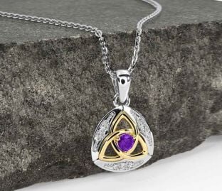 Diamond Amethyst Gold Silver Celtic Trinity Knot Necklace