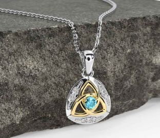 Diamond Aquamarine Gold Silver Celtic Trinity Knot Necklace