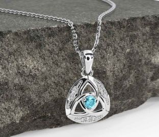 Diamond Aquamarine White Gold Celtic Trinity Knot Necklace