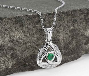 Diamond Emerald White Gold Celtic Trinity Knot Necklace