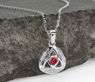 Diamond Ruby White Gold Celtic Trinity Knot Necklace