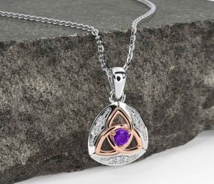 Diamond Amethyst White Rose Gold Celtic Trinity Knot Necklace
