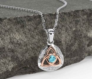 Diamond Aquamarine White Rose Gold Celtic Trinity Knot Necklace