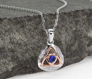 Diamond Sapphire White Rose Gold Celtic Trinity Knot Necklace