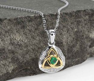Diamond Emerald White Yellow Gold Celtic Trinity Knot Necklace