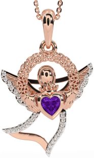 Diamond Amethyst Rose Gold Silver Claddagh Celtic Trinity Knot Necklace