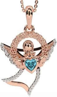 Diamond Aquamarine Rose Gold Silver Claddagh Celtic Trinity Knot Necklace