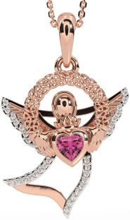 Diamond Pink Tourmaline Rose Gold Silver Claddagh Celtic Trinity Knot Necklace