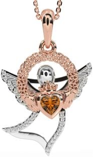 Diamond Citrine Rose Gold Silver Claddagh Celtic Trinity Knot Necklace