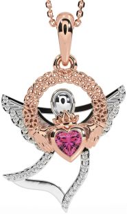 Diamond Pink Tourmaline Rose Gold Silver Claddagh Celtic Trinity Knot Necklace