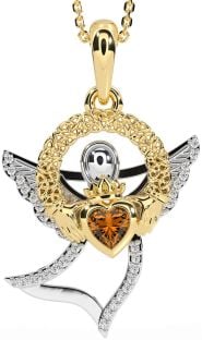 Diamond Citrine Gold Silver Claddagh Celtic Trinity Knot Necklace