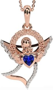 Diamond Sapphire Rose Gold Claddagh Celtic Trinity Knot Necklace