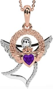 Diamond Amethyst White Rose Gold Claddagh Celtic Trinity Knot Necklace