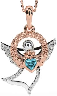 Diamond Aquamarine White Rose Gold Claddagh Celtic Trinity Knot Necklace