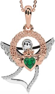 Diamond Emerald White Rose Gold Claddagh Celtic Trinity Knot Necklace