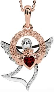 Diamond Garnet White Rose Gold Claddagh Celtic Trinity Knot Necklace