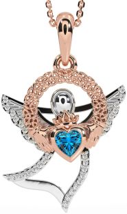 Diamond Topaz White Rose Gold Claddagh Celtic Trinity Knot Necklace