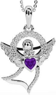 Diamond Amethyst Silver Claddagh Celtic Trinity Knot Necklace