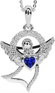 Diamond Sapphire Silver Claddagh Celtic Trinity Knot Necklace