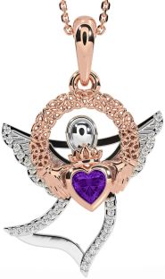 Diamond Amethyst Rose Gold Silver Claddagh Celtic Trinity Knot Necklace