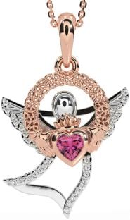 Diamond Pink Tourmaline Rose Gold Silver Claddagh Celtic Trinity Knot Necklace