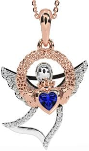 Diamond Sapphire Rose Gold Silver Claddagh Celtic Trinity Knot Necklace