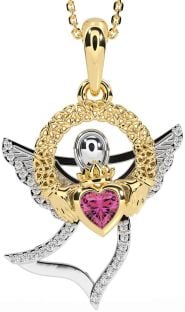 Diamond Pink Tourmaline Gold Silver Claddagh Celtic Trinity Knot Necklace