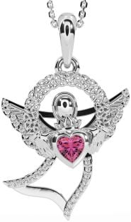 Diamond Pink Tourmaline White Gold Claddagh Celtic Trinity Knot Necklace