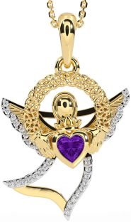 Diamond Amethyst Gold Claddagh Celtic Trinity Knot Necklace
