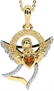 Diamond Citrine Gold Claddagh Celtic Trinity Knot Necklace