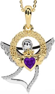 Diamond Amethyst White Yellow Gold Claddagh Celtic Trinity Knot Necklace