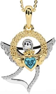 Diamond Aquamarine White Yellow Gold Claddagh Celtic Trinity Knot Necklace