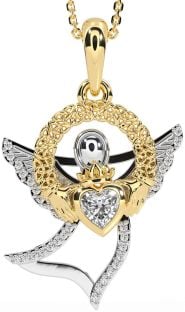 Diamond White Yellow Gold Claddagh Celtic Trinity Knot Necklace