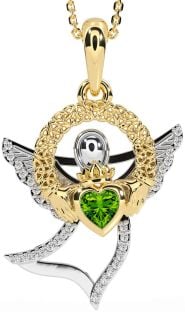 Diamond Peridot White Yellow Gold Claddagh Celtic Trinity Knot Necklace