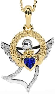 Diamond Sapphire White Yellow Gold Claddagh Celtic Trinity Knot Necklace