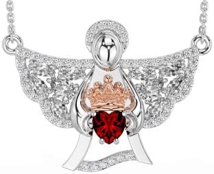 Diamond Garnet Rose Gold Silver Claddagh Necklace