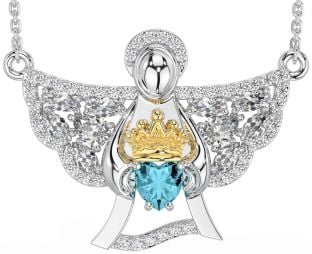 Diamond Aquamarine Gold Silver Claddagh Necklace