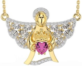 Diamond Pink Tourmaline Gold Silver Claddagh Necklace
