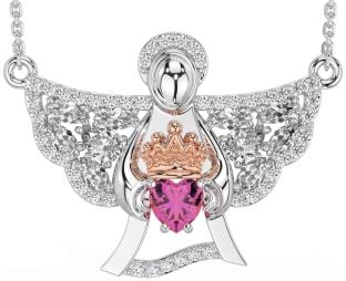 Diamond Pink Tourmaline Rose Gold Silver Claddagh Necklace
