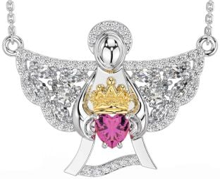 Diamond Pink Tourmaline Gold Silver Claddagh Necklace