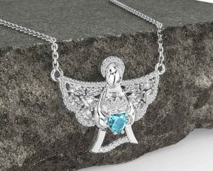 Diamond Aquamarine White Gold Claddagh Necklace